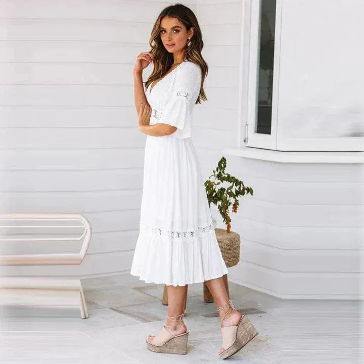 Robe midi femme – Coton – Coupe fluide – Décolleté en V – Manches courtes – Détails crochet