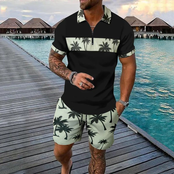Men's Set – Relaxed Zip Polo – Drawstring Shorts – Breathable Tropical Print