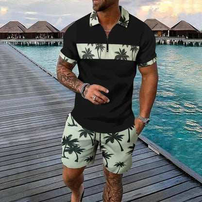 Men's Set – Relaxed Zip Polo – Drawstring Shorts – Breathable Tropical Print