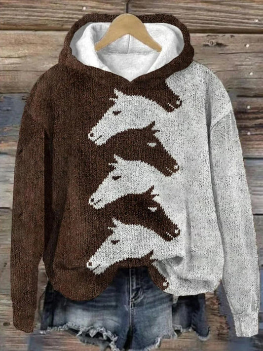 Women Hooded Sweatshirt - Knitted Fabric - Oversized Cut - V Hood - Long Sleeves