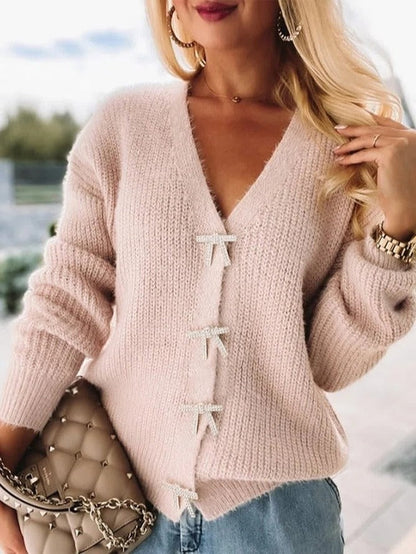 Bella Relaxed Fit Cardigan | Rhinestone Bow V-Neck Cardigan