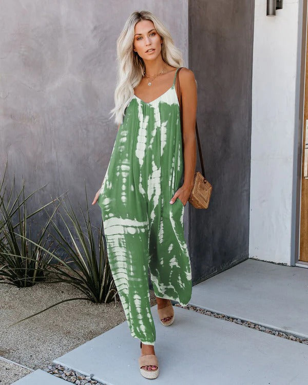 Women's jumpsuit – Loose flowing cut – Thin straps – Tie-dye pattern – Soft breathable fabric