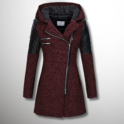 Women's Jacket - Wool Blend - Fitted Cut - Mid-Thigh Length - Stand-Up Collar Integrated Hood