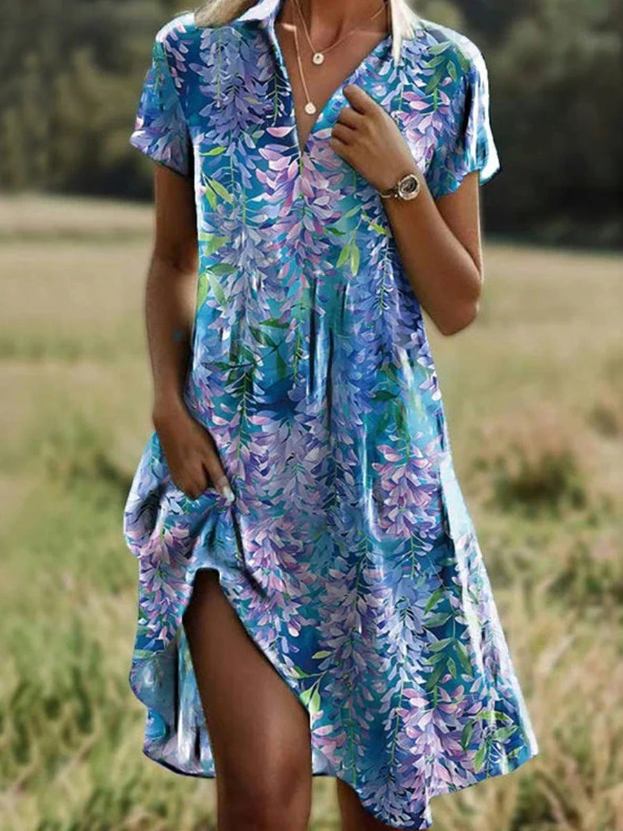 Women's short dress – Flowing cut – Floral print – Breathable fabric – Short sleeves