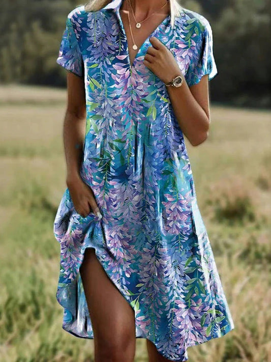 Women's short dress – Flowing cut – Floral print – Breathable fabric – Short sleeves