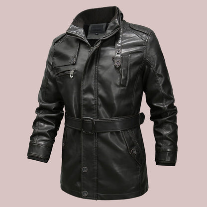 Veste homme style manteau – Coupe régulière – Effet cuir – Col double – Ceinture ajustable
