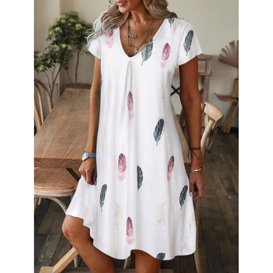 Women's dress – Loose flared cut – V-neck – Short sleeves – Feather print – Cotton