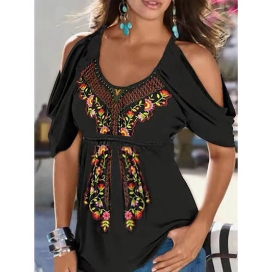 Top Exposed Shoulders Woman – Lightweight Cotton – V-Neck – Loose Fit – Bohemian Embroidery