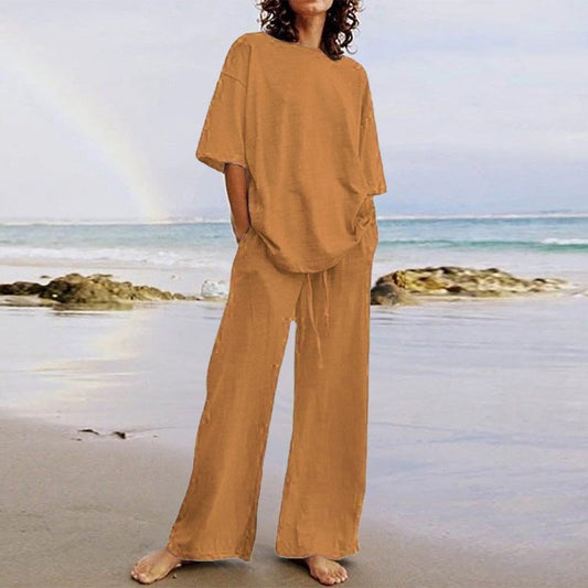Ensemble Deux Pièces Femme – Haut Ample Col Rond – Pantalon Large avec Poches