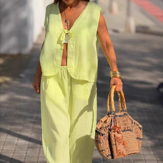 Ensemble deux pièces femme – Linnen léger – Haut noué sans manches – Pantalon large