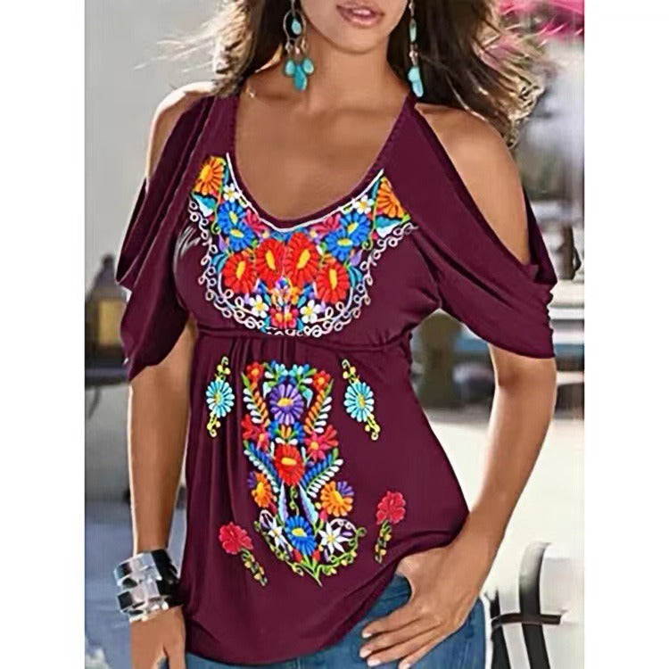 Top Exposed Shoulders Woman – Lightweight Cotton – V-Neck – Loose Fit – Bohemian Embroidery