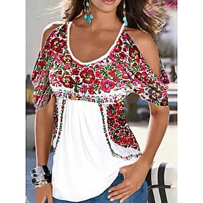 Top Exposed Shoulders Woman – Lightweight Cotton – V-Neck – Loose Fit – Bohemian Embroidery