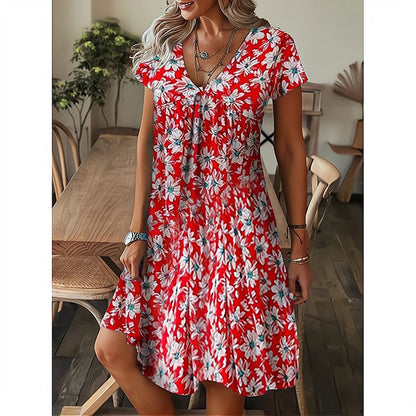 Women's dress – Loose flared cut – V-neck – Short sleeves – Feather print – Cotton