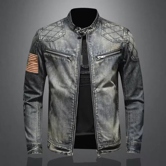 Veste en jean homme – Coupe slim – Col zippé – Épaules matelassées – Look casual