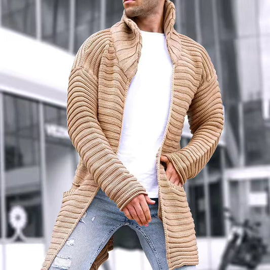 Gilet homme maille – Coupe oversize – Col roulé – Long – Ouverture frontale côtelée