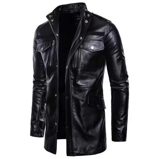 Veste en cuir pour homme – Coupe ajustée – Col montant – Fermeture zippée – 4 poches