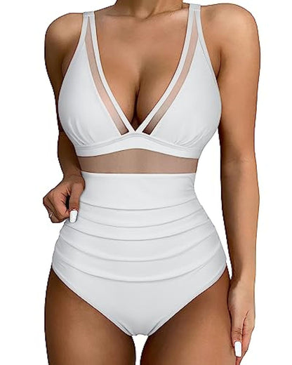 Women's one-piece swimsuit – Plunging neckline – Breathable fabric – Shaping cut