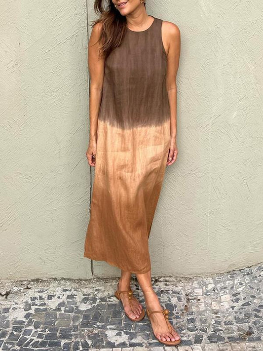 Women's midi dress – Loose fit – Sleeveless – Natural fibers – Side slit