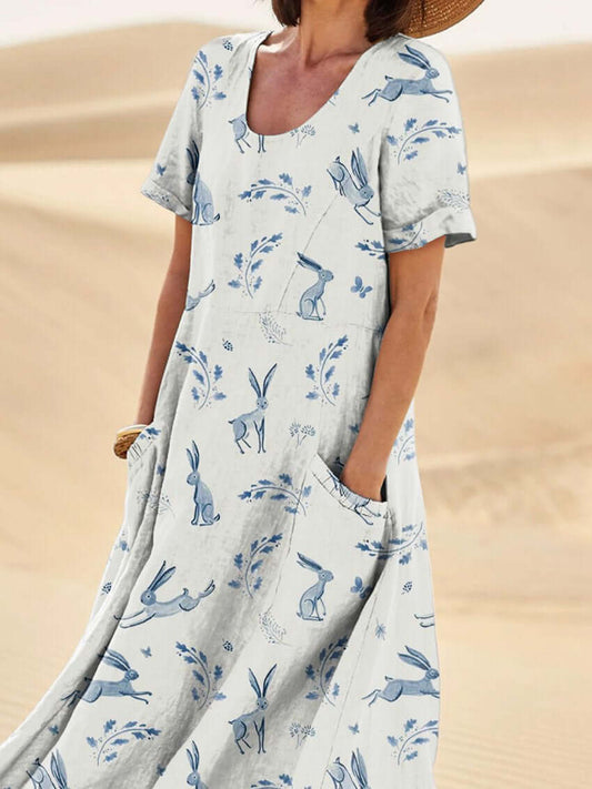 Women's midi dress – Relaxed fit – Short sleeves – Round neckline – Natural fibers – Artistic print – With pockets
