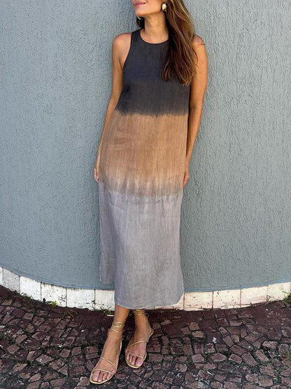 Women's midi dress – Loose fit – Sleeveless – Natural fibers – Side slit