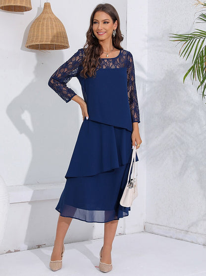 Robe femme midi – Coupe fluide – Manches dentelle – Chiffon superposé élégant