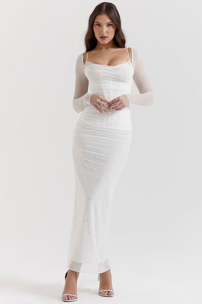 Robe longue femme – Coupe moulante – Manches longues – Décolleté dentelle – Tissu fluide