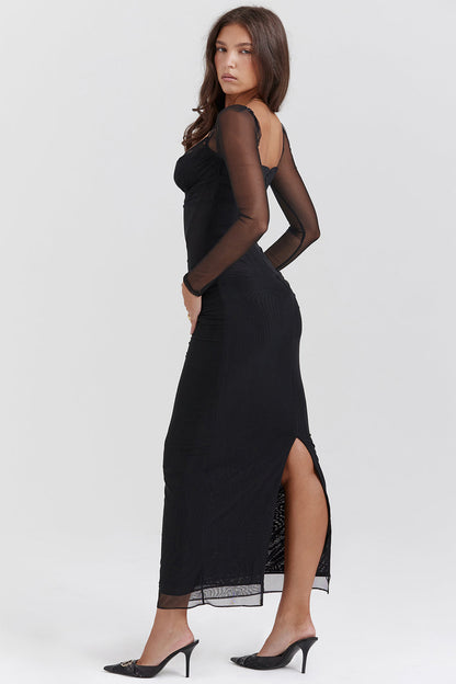 Robe longue femme – Coupe moulante – Manches longues – Décolleté dentelle – Tissu fluide