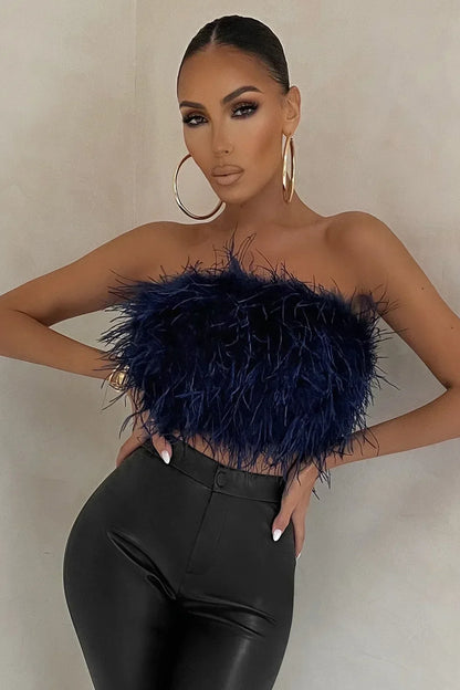Women's bustier top – Fitted cut – Feather texture – Short elegant evening style
