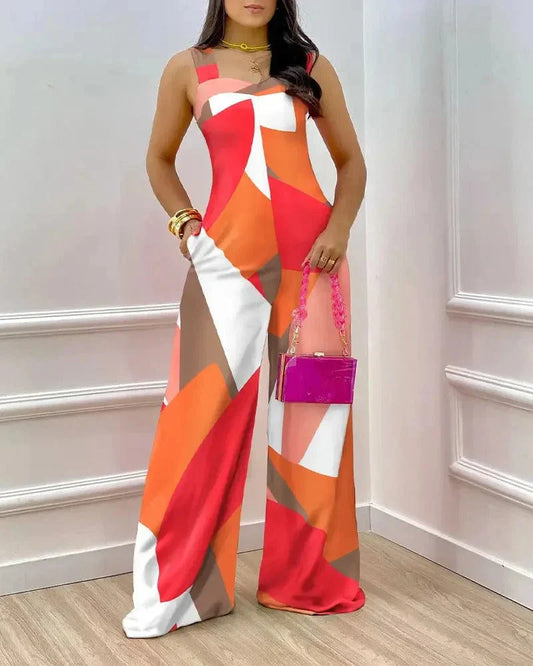 Women's jumpsuit – Geometric print – Square neck – Without sleeves – Wide leg