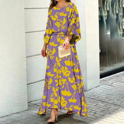 Women's long dress – Flowing cut – Wide sleeves – Round neck – Breathable fabric