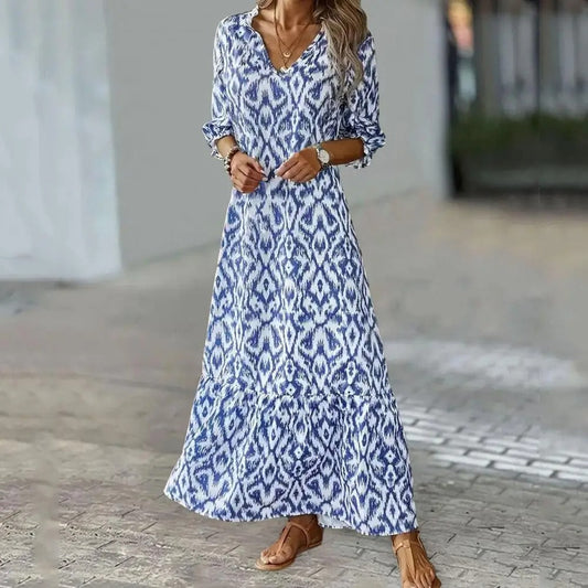 Robe longue femme – Coupe fluide – Motif ikat – Manches 3/4 – Tissu respirant