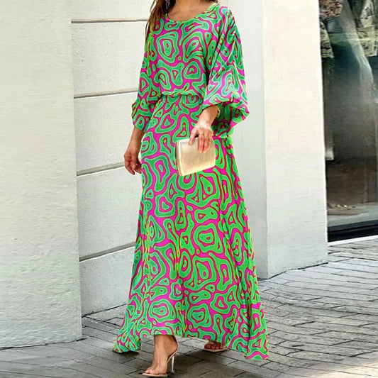 Women's long dress – Flowing cut – Wide sleeves – Round neck – Breathable fabric