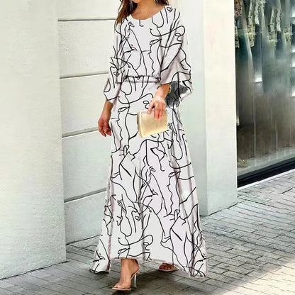 Women's long dress – Flowing cut – Wide sleeves – Round neck – Breathable fabric