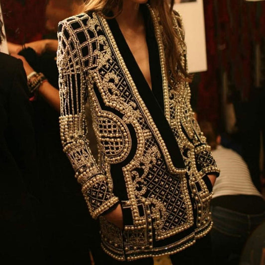 Women's long blazer – Tailored fit – Luxurious fabric – Baroque pearls – Without collar