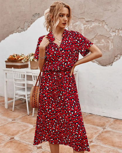 Women's midi dress – Relaxed fit – Breathable fabric – Short sleeves – Buttoned