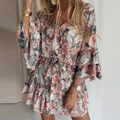 Robe femme mini – Style bohème – Imprimé fleuri – Manches évasées à volants