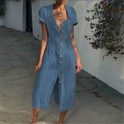 Women's midi dress – Relaxed fit – Breathable fabric – Short sleeves – Buttoned