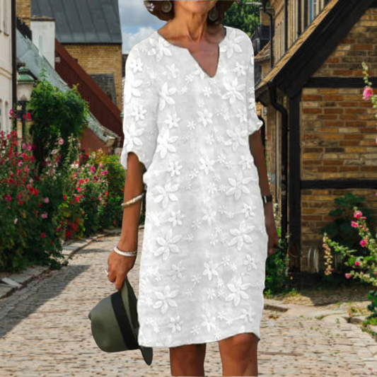 Women's dress – Relaxed fit – Mid-length – Mid-length sleeves – Floral embroidery – Natural fibers