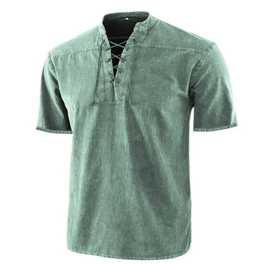 Retro men's shirt – relaxed fit – lace-up collar – short sleeves – breathable fabric