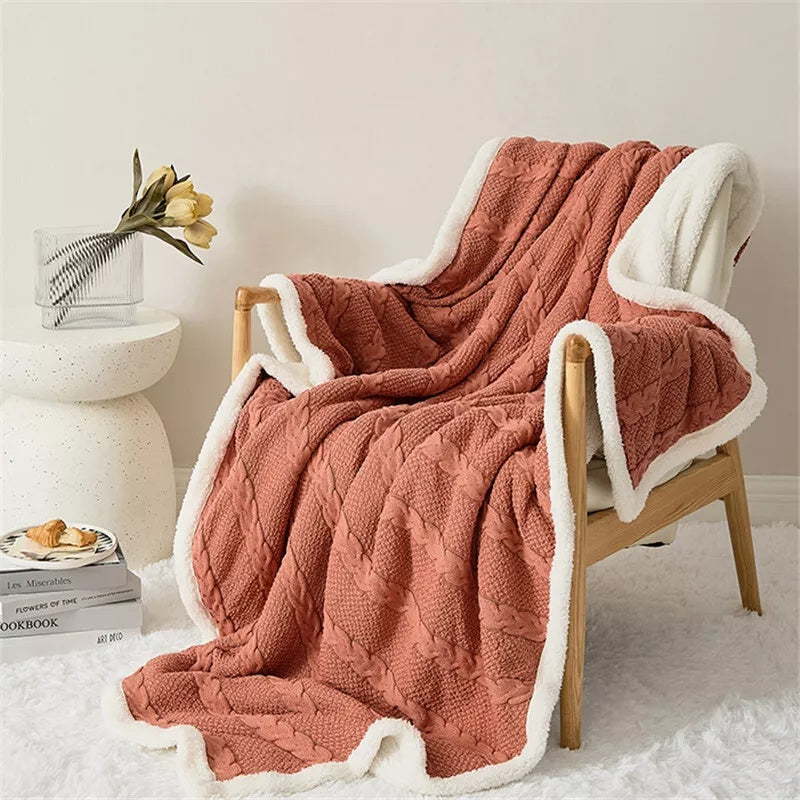 Minimalist Sherpa Throw Blanket With Cable Knit Texture