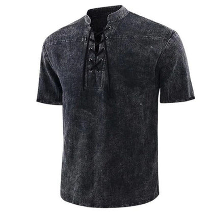 Retro men's shirt – relaxed fit – lace-up collar – short sleeves – breathable fabric