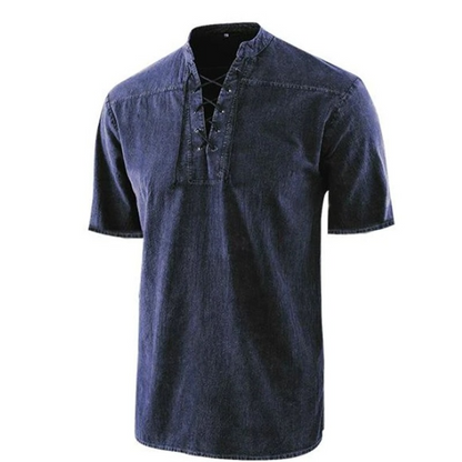 Retro men's shirt – relaxed fit – lace-up collar – short sleeves – breathable fabric