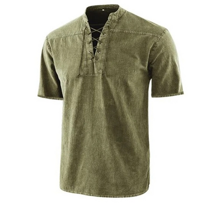 Retro men's shirt – relaxed fit – lace-up collar – short sleeves – breathable fabric