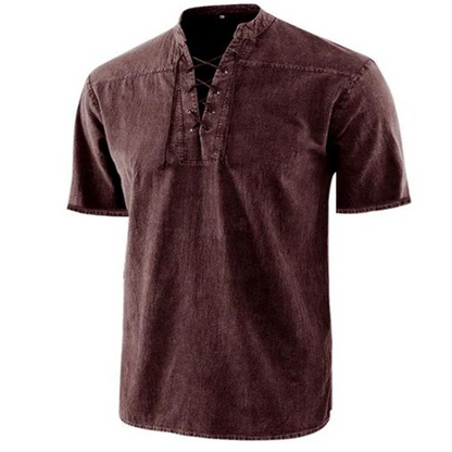 Retro men's shirt – relaxed fit – lace-up collar – short sleeves – breathable fabric