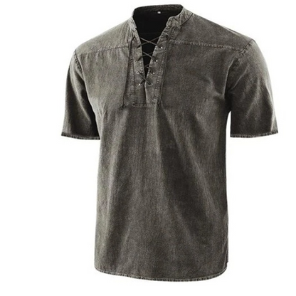 Retro men's shirt – relaxed fit – lace-up collar – short sleeves – breathable fabric