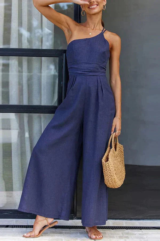 Women's jumpsuit – Asymmetric shoulder – Fitted waist – Wide 7/8 legs – Cotton