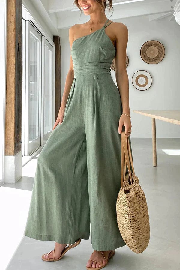 Women's jumpsuit – Asymmetric shoulder – Fitted waist – Wide 7/8 legs – Cotton