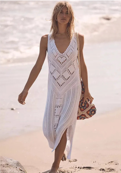 Robe femme midi – Coupe décontractée – Maille ajourée – Col en V – Fente latérale
