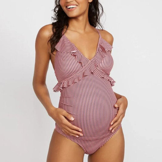 Maternity one-piece swimsuit – Crisscross straps – Breathable stretch fabric – Ruffle detail