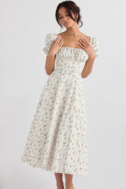 Robe midi femme – Coupe évasée – Coton léger – Manches bouffantes – Encolure carrée